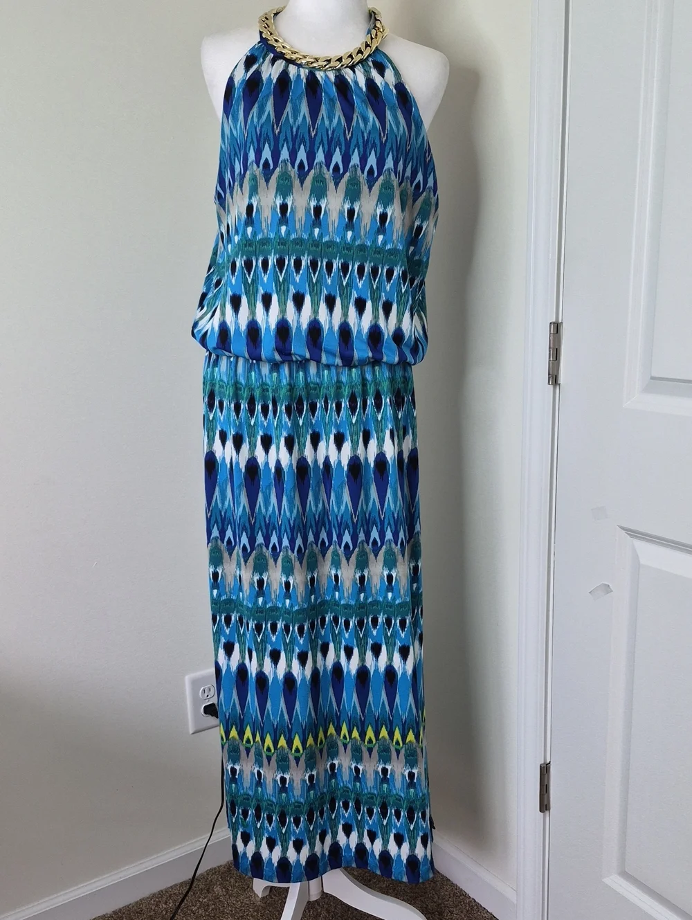 Covington Blue Teal Print Dress with Gold Chain Detail Size XL